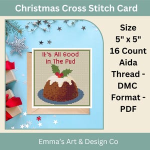 Cross Stitch Card, It’s All Good in the Pud Cross Stitch Card Pattern PDF, Christmas Pudding, 5x5" 16ct Aida, Cute Xmas Pun, DMC Threads