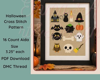 May include: A framed Halloween cross stitch pattern on 16 count Aida fabric featuring twelve icons: a haunted house, black cat, candle, witch hat, bat, cauldron, pumpkin, spider, bone, ghost, owl, skull, and broomstick, each measuring 3.25 inches.