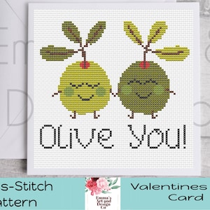 Valentijnskaart kruissteekpatroon, digitale pdf, getelde kruissteekkaart, download, Olive You, Olive You woordspelingkaart, Valentijnsdag, olijven