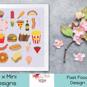 May include: A white frame with a light purple background containing 20 pixel art images of fast food items. The frame is on a gray textured surface with a pink flower branch. The text "20 x Mini Designs" is below the frame and the text "Fast Food Design" is below the flower branch.