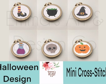 6 x Halloween Cross-Stitch Patterns, Mini Cross-Stitch Patterns, Counted Cross Stitch Pattern, Witch Cross-Stitch Design, Beginner X-Stitch