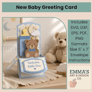 Puede incluir: Una tarjeta de felicitación pop-up 3D en tonos azul claro y amarillo con un oso de peluche marrón, un biberón, una luna creciente y estrellas. El panel frontal muestra el texto Welcome Little One. La tarjeta mide 12,7 cm por 17,8 cm.