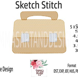 May include: A beige briefcase design in a sketch stitch style. The design is available in five sizes: 5 inches, 4.5 inches, 4 inches, 3.5 inches, and 3 inches. The design is available in the following formats: DST, EXP, JEF, HUS, PES, VIP, and XXX.