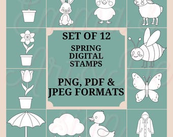 Spring Digital Stamps Bundle, Cute Animals, Flowers, Printable , Card making, Scrapbooking, Planner Crafts, Download