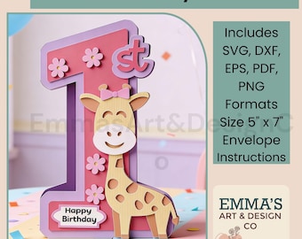 First Birthday Giraffe Card, SVG Layered Design,  Baby Celebration, 1st Birthday Greetings
