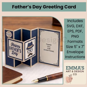 May include: A folded Father's Day greeting card in navy blue and cream, featuring a fedora, glasses, and moustache graphic. The text reads Happy Father's Day and Thank You For Everything. The card is 5 inches by 7 inches and includes SVG, DXF, EPS, PDF, and PNG file formats.