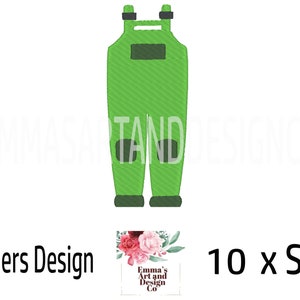 May include: Green and black embroidered design of a pair of overalls. The design includes a pocket and knee patches. The text "Waders Design" and "10 x Sizes" are also included in the image.