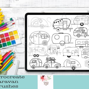 May include: A digital tablet screen displaying 16 black and white illustrations of various caravan designs. The text "16 Procreate Caravan Brushes" is at the bottom of the screen.