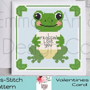 Biglietto di San Valentino, schema punto croce, PDF digitale, schema punto croce contato, download, ti amo Froggin, biglietto divertente, biglietto rana d'amore