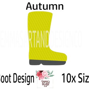 Puede incluir: Un diseño de bota de lluvia amarilla con la palabra "Otoño" encima. El diseño es para bordado y viene en 10 tamaños.