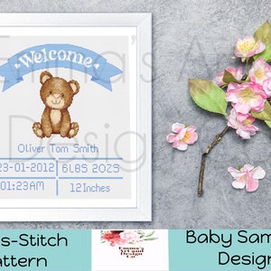 Annuncio di nascita Schema punto croce, Schema annuncio nascita bambino, Schema punto croce campione di nascita, Schema punto croce ragazzo, X-Stitch