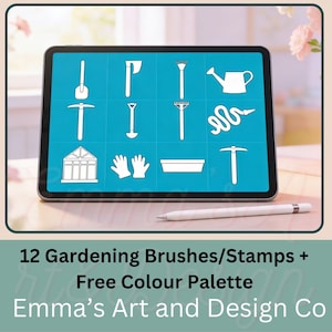 May include: A digital illustration of gardening tools displayed on a tablet screen. The tools include a shovel, hoe, rake, watering can, and more. The tablet is on a wooden surface with a stylus. Text on the image reads: "12 Gardening Brushes/Stamps + Free Colour Palette Emma's Art and Design Co."