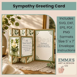 May include: A multi-panel sympathy greeting card featuring a botanical leaf pattern, a 3D calla lily embellishment with a green ribbon, and text reading With Deepest Sympathy and Thinking of you and your family during this difficult time. Size 12.7 cm by 17.8 cm.