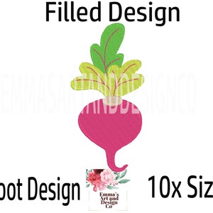 May include: A filled embroidery design of a pink beetroot with green leaves. The design is available in 10 sizes.  "Beetroot Design" and "Emma's Art and Design Co." are written in the image.