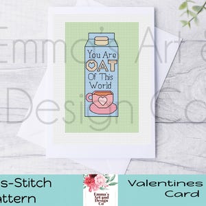 Valentijnsdagkaart, kruissteekpatroon, pdf, getelde kruissteekkaart, downloaden, You Are Oat Of This World, grappige kaart, havermelk