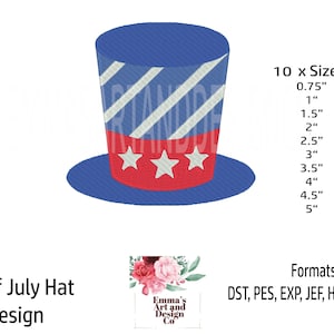 4th of July Embroidery Design, Hat Machine Embroidery, American Flag Machine Embroidery, Patriotic Hat Machine Embroidery, Top Hat 10 Sizes
