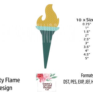 May include: A stylized illustration of the Statue of Liberty's torch, featuring a yellow flame atop a teal and dark teal torch. The design is labeled "Liberty Flame Design" and includes size options from 0.75" to 5".