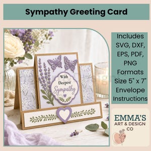 May include: A 12.7 cm by 17.8 cm sympathy greeting card featuring a lavender and butterfly design. The centre panel displays the text With Deepest Sympathy in a decorative frame, flanked by side panels with floral patterns and a heart accent.
