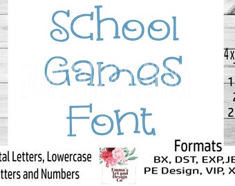 May include: A digital font design with the words "School Games Font" in a light blue script. The design includes capital and lowercase letters, numbers, and various formats, with sizes ranging from 2.5 cm to 6.35 cm.