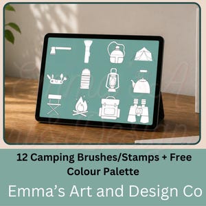 May include: A tablet screen displaying 12 white line art camping icons on a sage green background, including an axe, flashlight, canteen, tent, multi-tool, sleeping bag, lantern, kettle, chair, campfire, backpack, and binoculars, with text below.