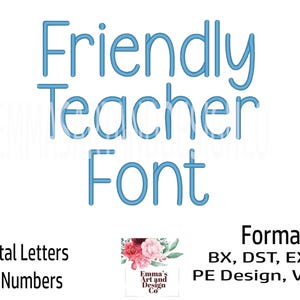 May include: A digital design featuring the words "Friendly Teacher Font" in light blue, with the text "Capital Letters and Numbers" below. The design includes various formats and sizes, including 1", 1.5", 2", and 2.5" options.