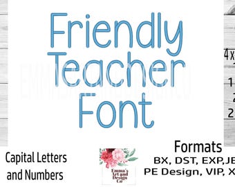 May include: A digital design displaying "Friendly Teacher Font" in light blue, with "Capital Letters and Numbers" below. The design includes various formats and sizes, including 2.5 cm, 3.8 cm, 5 cm, and 6.4 cm options.