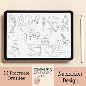 Zestaw pędzli Procreate „Dziadek do orzechów”, 13 pędzli świątecznych + darmowe stemple JPEG + dodatkowa paleta kolorów, cyfrowe stemple artystyczne na Boże Narodzenie, wróżka, baletnica