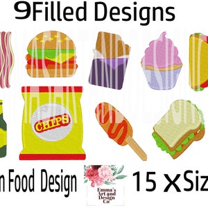 Food Machine Embroidery Design, Fast Food Embroidery Design, Food Design, Carnival Food, Food Pattern, Fast Food Design, 15 x Sizes, Bundle