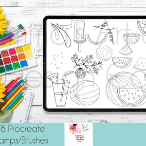 May include: A digital tablet screen displaying 18 black and white line drawings of watermelon slices, whole watermelons, a watermelon seed, a glass of watermelon juice with a straw, a popsicle, and a leafy branch. The text "18 Procreate Stamps/Brushes" is at the bottom of the screen.
