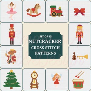 Könnte beinhalten: Eine Sammlung von 13 Nussknacker-Kreuzstichmustern. Die Muster zeigen eine Ballerina, ein Schaukelpferd, eine Lokomotive, eine Schleife, einen Nussknackersoldaten, einen Mäusekönig, einen Weihnachtsbaum, eine Uhr, eine Fee, eine Geige, eine Trompete und eine Trommel.
