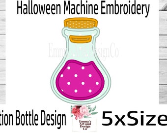 May include: Machine embroidery design of a potion bottle with a pink liquid and white polka dots. The bottle has a light blue body and a yellow cork. The text "Halloween Machine Embroidery" and "Potion Bottle Design" are also included in the image.