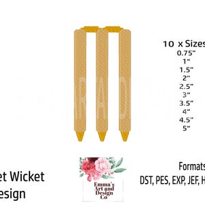 May include: A digital embroidery design of a cricket wicket, a set of three stumps with bails, in a yellow color. The design is available in 10 sizes from 0.75 inches to 5 inches and in multiple formats including DST, PES, EXP, JEF, HUS, VIP, and XXX.