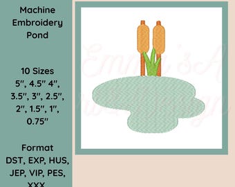 Pond Embroidery Design, Spring, Cattails, Nature, Lake, Water Scene Machine Stitch File, Download
