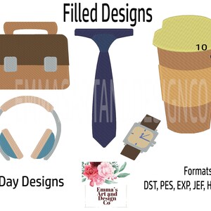 Puede incluir: Un conjunto de cinco diseños de bordado para el Día del Padre, que incluyen un maletín, una corbata, una taza de café, unos auriculares y un reloj. Los diseños están disponibles en 10 tamaños de 0,75 pulgadas a 5 pulgadas y en varios formatos, incluidos DST, PES, EXP, JEF, HUS, VIP y XXX.