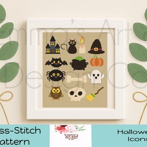 May include: A framed cross-stitch pattern featuring Halloween icons. The design includes a haunted house, black cat, witch's hat, pumpkin, bat, spider, owl, skull, and ghost. The text "Cross-Stitch Pattern" and "Halloween Icons" are visible.
