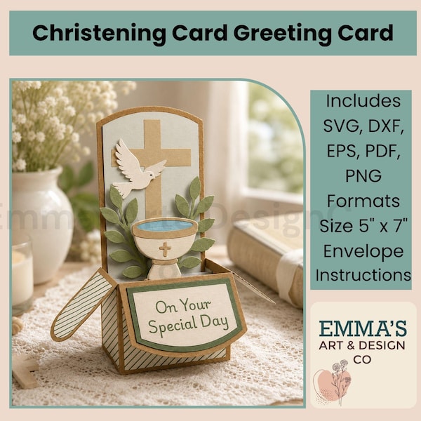 3D Christening Card SVG, Popup Baptism, Cricut &  Silhouette Template, Digital Download