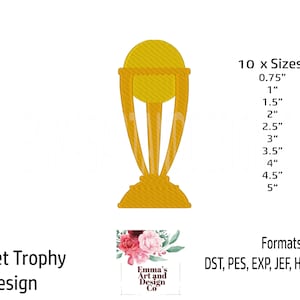 Motif de broderie Machine trophée cricket, motif cricket, téléchargement de broderie trophée cricket, broderie sportive, motif trophée, 10 tailles