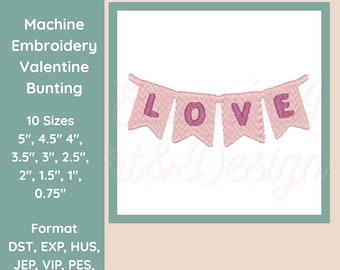 Valentine Bunting Embroidery Design, Heart Banner Garland Flags Machine Embroidery File Valentine Decor Gift, Love Themed Machine Embroidery