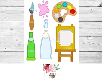 May include: A set of art supplies for kids, including a paintbrush, paint bottles, a paint palette, and an easel. The paint palette has a variety of colors, including red, blue, green, yellow, and orange. The easel is made of wood and has a canvas.