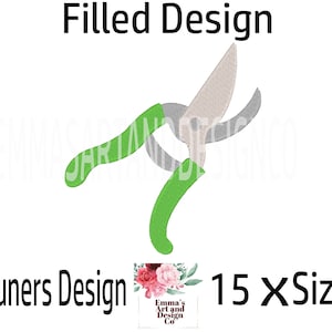 May include: Green and gray embroidery design of a pair of pruning shears. The design is available in 15 sizes.  The text "Pruners Design" and "15 X Sizes" is included in the image.