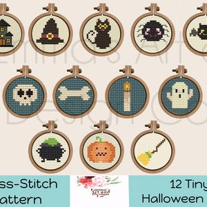 May include: A collection of 12 tiny Halloween cross-stitch patterns displayed in wooden embroidery hoops. The designs include a haunted house, witch's hat, black cat, spider, bat, skull, bone, candle, ghost, cauldron, jack-o'-lantern, and broom.