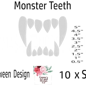 May include: A digital design of a set of monster teeth in 10 different sizes, ranging from 0.5 inches to 5 inches. The design is perfect for Halloween crafts and decorations.