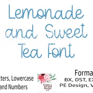 Puede incluir: Diseño de bordado Lemonade and Sweet Tea Font en azul. Incluye letras mayúsculas, minúsculas y números. Disponible en cuatro tamaños: 2,5 cm, 3,8 cm, 5 cm y 6,3 cm. Los formatos incluyen BX, DST, EXP, JEF, PE Design, VIP y XXX.