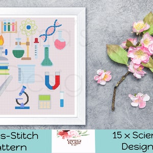 May include: A cross-stitch pattern featuring 15 science-themed designs. The pattern includes a microscope, beaker, test tubes, a DNA strand, a magnet, a calculator, and more. The pattern is on a light pink background.