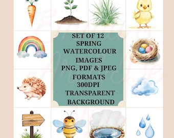 Spring Watercolor Clipart Bundle, Easter, Mothers Day, Nursery, Animals, PNG PDF JPEG Download