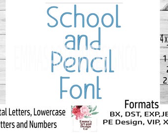 May include: A digital design displaying the text "School and Pencil Font" in light blue. The design includes capital and lowercase letters, numbers, and various formats. The font is available in four sizes: 2.5 cm, 3.8 cm, 5 cm, and 6.4 cm.