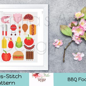 Könnte beinhalten: Ein gerahmtes Kreuzstichmuster mit BBQ-Food-Symbolen: Garnele, Huhn, Steak, Grill, Hotdog, Mais, Tomate, Burger und Rippchen. Der Text lautet "Cross-Stitch Pattern" und "BBQ Food". Rechts sind rosa Blumen.