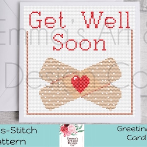 以下が含まれることがあります： 赤い文字で「Get Well Soon」と書かれたクロスステッチのグリーティングカード。カードには絆創膏と赤いハートのデザインが施されています。「Cross-Stitch Pattern」と「Greetings Card」の文字も表示されています。