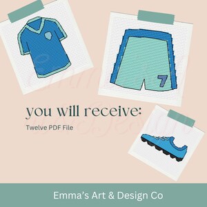 May include: Digital illustration of a soccer uniform set, including a blue jersey, shorts with the number 7, and a soccer cleat. The text "you will receive: Twelve PDF File" is also present.