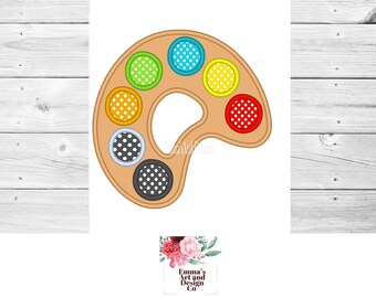 May include: A brown paint palette with seven colorful circles, each with white polka dots. The circles are arranged in a semi-circle shape.